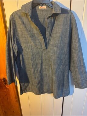 Cotton Denim-Style V-Neck Tunic - Blue